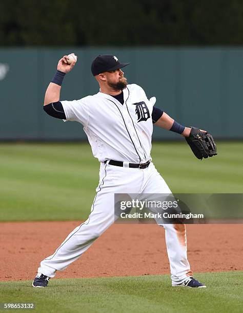 Casey McGehee of the Detroit Tigers fields during the game against the Los Angeles Angels of Anaheim at Comerica Park on August 27, 2016 in Detroit,...