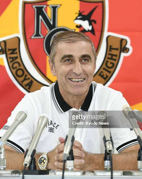 Nagoya Grampus assistant coach Bosko Djurovski speaks at a press conference in Toyota, central Japan, on Aug. 23, 2016. Djurovski was named coach for...