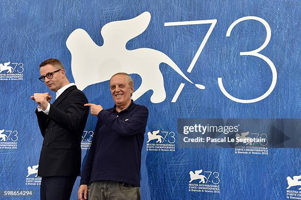 Nicolas Winding Refn and director Dario Argento attend the photocall of 'Dawn Of The Dead - European Cut' during the 73rd Venice Film Festival at...