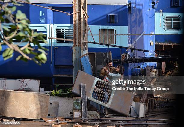 Sunny Deol and Preity Zinta were spotted shooting for their upcoming movie 'Bhaiyyaji Superhitt' at Railway Yard in Mumbai.