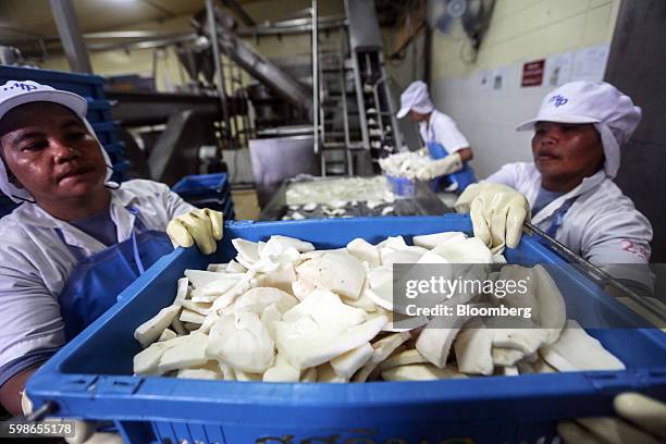 Employees hold a container of coconut chunks before placing them into a grinder at a coconut grinding station of a Merit Food Products Co. Coconut...