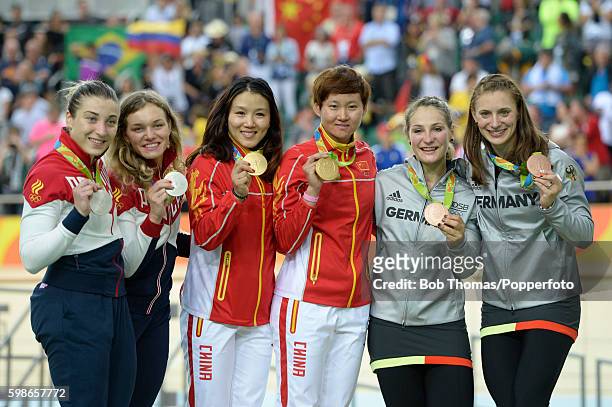 Silver medalists Daria Shmeleva and Anastasiia Voinova of Russia, gold medalists Jinjie Gong and Tianshi Zhong of China and bronze medalists Kristina...