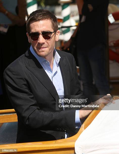 Jake Gyllenhaal arrives by boat at the Lido during the 73rd Venice Film Festival on September 2, 2016 in Venice, Italy.