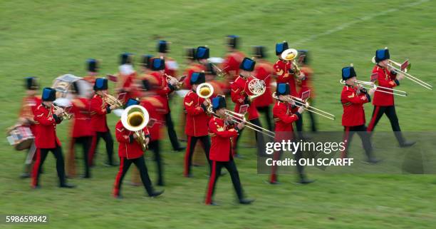 The Band of the Corps of Royal Engineers performs at the Chatsworth Country Fair in the grounds of Chatsworth House, near Bakewell in northern...