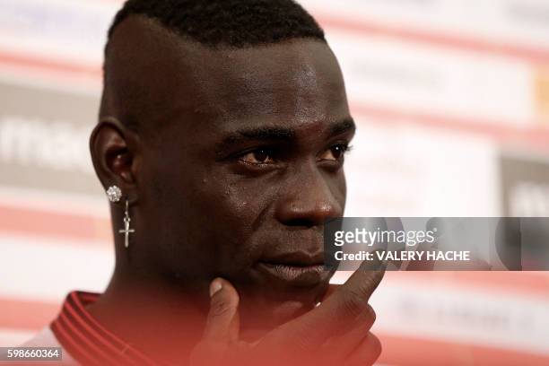 Nice's football club new signing Italian forward Mario Balotelli gives a press conference, on September 2, 2016 at the Allianz Riviera stadium in...