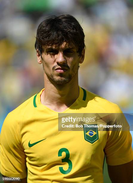 Rodrigo Caio of Brazil before the Men's Semifinal Football match between Brazil and Honduras at Maracana Stadium on Day 12 of the Rio 2016 Olympic...