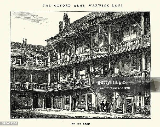 old london oxford arms inn, warwick lane, 1875 - courtyard stock illustrations