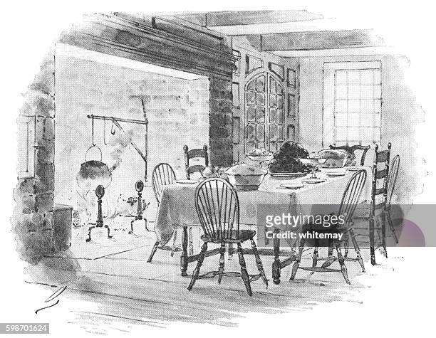 ilustraciones, imágenes clip art, dibujos animados e iconos de stock de interior de la casa del siglo 18 holandés-americano - old fashioned thanksgiving