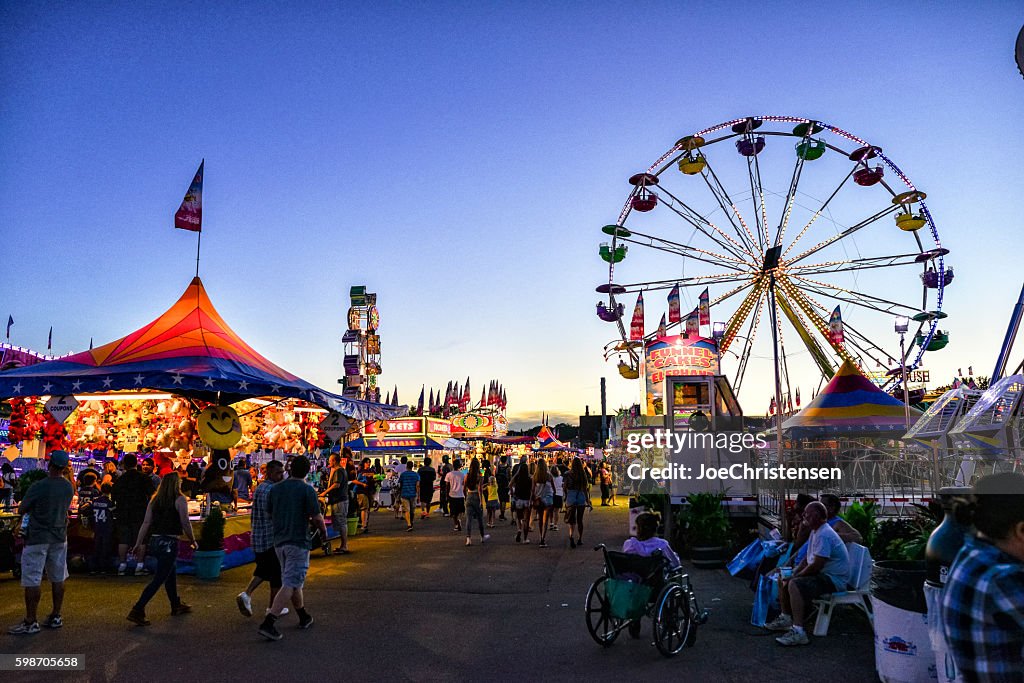 Minnesota State Fair's Busy Midway Area at Dusk