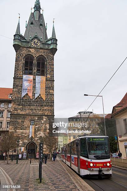 jindrisska tower in prague - prague tram stock pictures, royalty-free photos & images