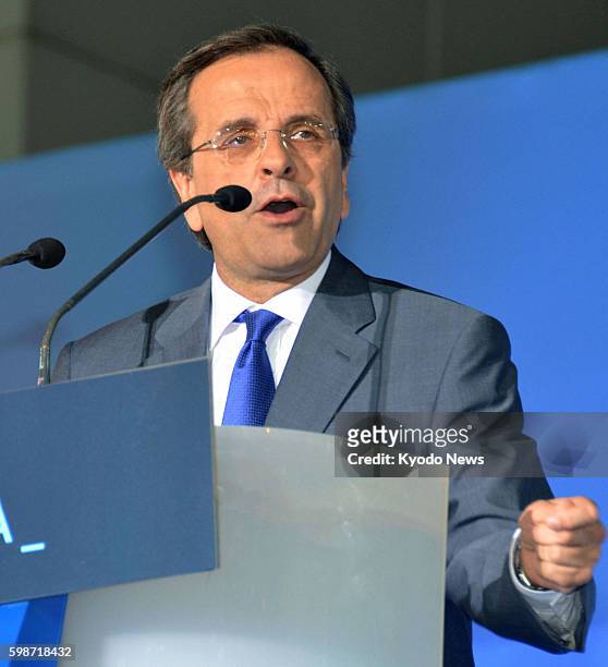 Greece - Antonis Samaras, leader of New Democracy, Greece's major conservative party, gives a speech in Athens on June 15, 2012.