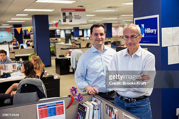 John Podesta, Campaign Chairman , and Robby Mook, Campaign Manager for Democratic presidential candidate Hillary Clinton, inside the campaign...
