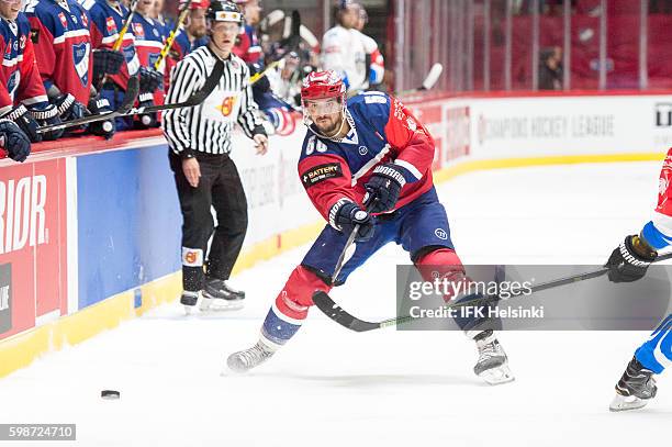 Juhamatti Aaltonen of IFK Helsinki during the Champions Hockey League match between IFK Helsinki and EV Zug at Helsingin Jaahalli on September 2,...