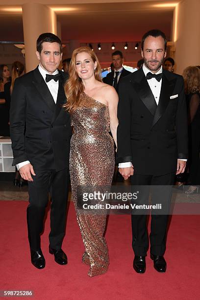 Jake Gyllenhaal, Amy Adams and Tom Ford attend the premiere of 'Nocturnal Animals' during the 73rd Venice Film Festival at Sala Grande on September...