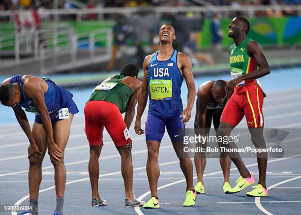 Ashton Eaton of the United States celebrates victory in the Men's Decathlon after completing the 1500m on Day 13 of the Rio 2016 Olympic Games at the...