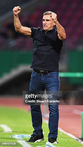 Stefan Kuntz, head coach of Germany U21s celebrates winning his first game as Head coach during the Under21 friendly match between U21 Germany and...