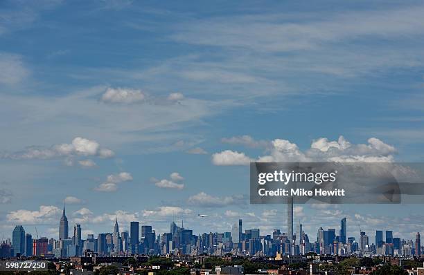 View of the Manhattan skyline as seen from Arthur Ashe Stadium on Day Five of the 2016 US Open at the USTA Billie Jean King National Tennis Center on...