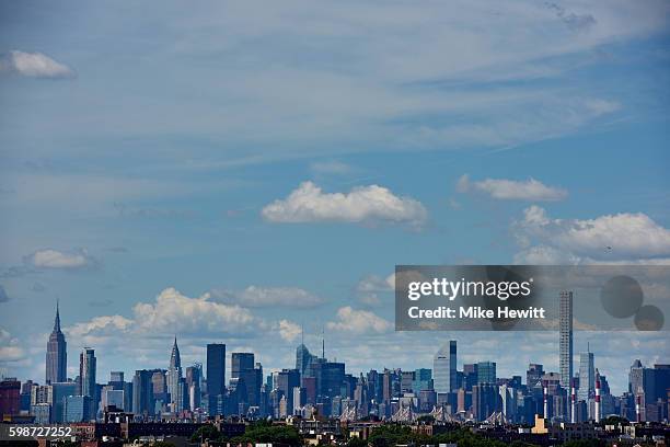 View of the Manhattan skyline as seen from Arthur Ashe Stadium on Day Five of the 2016 US Open at the USTA Billie Jean King National Tennis Center on...