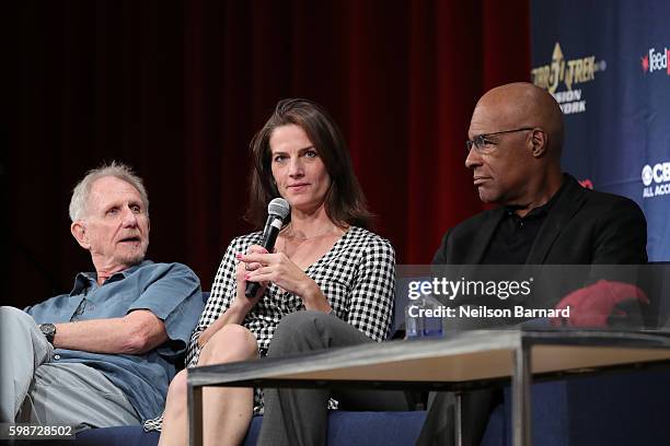 Rene Auberjonois, Terry Farrell and Michael Dorn speak on stage at "The Star Trek: Deep Space Nine: From The Edge of the Frontier" cast reunion at...