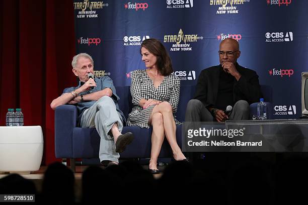 Rene Auberjonois, Terry Farrell and Michael Dorn speak on stage at "The Star Trek: Deep Space Nine: From The Edge of the Frontier" cast reunion at...