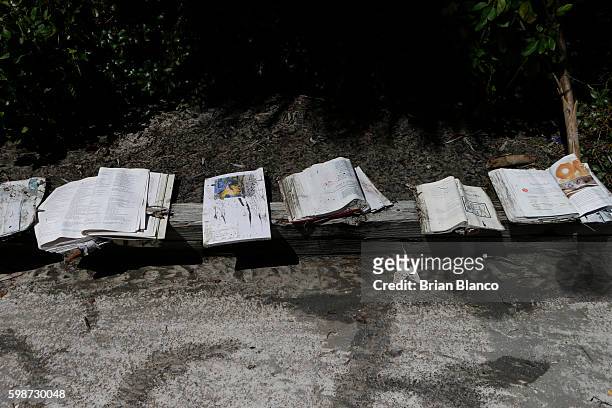 Saltwater-soaked books are left to dry in the sun in the parking lot of the Cedar Cove resort after being damaged by the winds and storm surge...