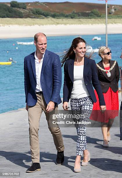 Prince William, Duke of Cambridge and Catherine, Duchess of Cambridge visit the Island of St Martin's in the Scilly Isles on September 2, 2016 in St...