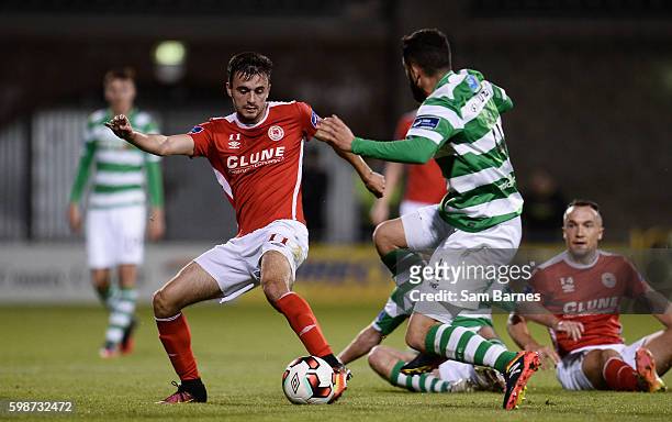Dublin , Ireland - 2 September 2016; Mark Timlin of St Patricks Athletic in action against David Webster of Shamrock Rovers during the SSE Airtricity...