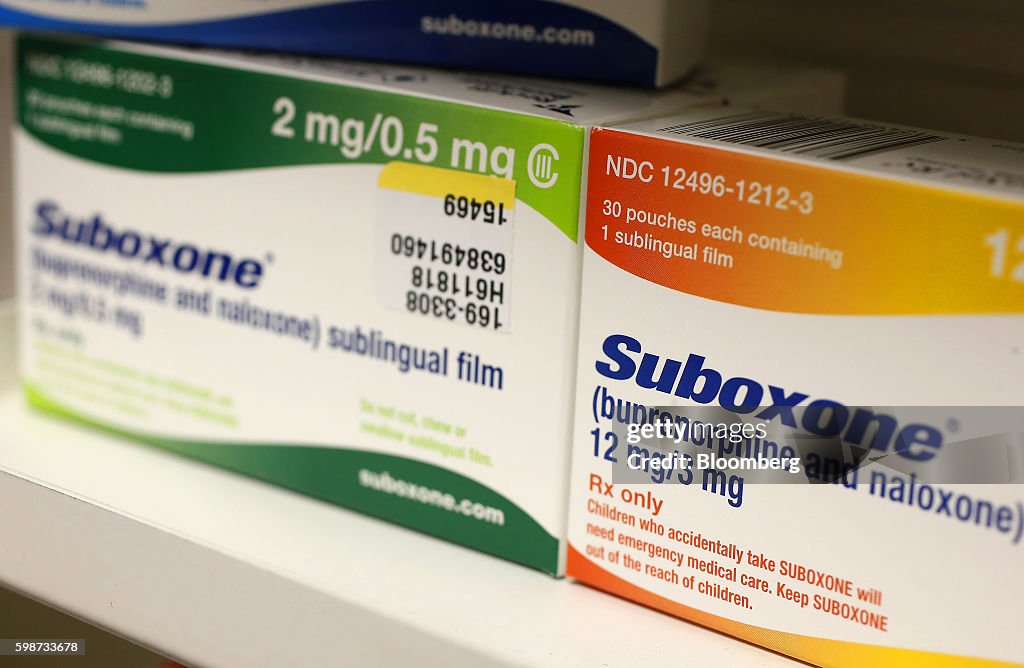 Generic Suboxone Box Boxes of Indivior's Suboxone medication sit on a pharmacy shelf in ...