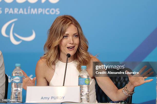 Paralympic snowboarder medalist Amy Purdy speaks during the 2016 Rio Paralympics - Opening Ceremony Press Conference at Maracana Stadium on September...