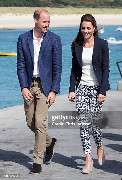 Prince William, Duke of Cambridge and Catherine, Duchess of Cambridge visit the Island of St Martin's in the Scilly Isles on September 2, 2016 in St...