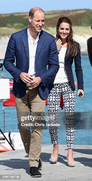 Prince William, Duke of Cambridge and Catherine, Duchess of Cambridge arrive on the Island of St Martin's in the Scilly Isles on September 2, 2016 in...