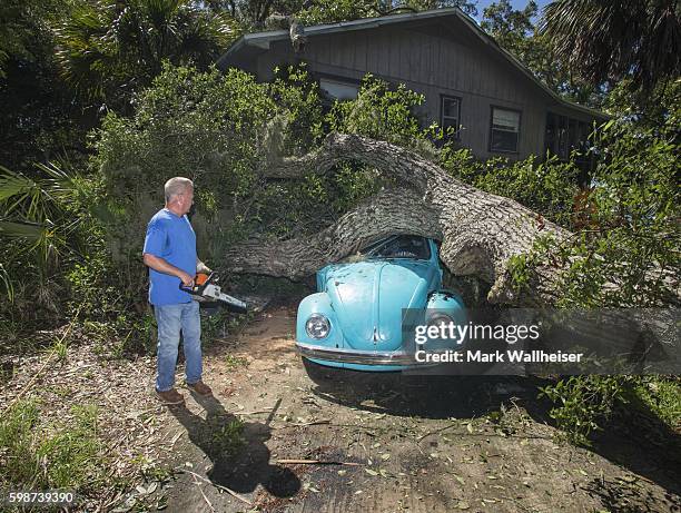 Tom Reams looks over a tree on top of his 15 year old daughter's Volkswagen Beetle and house cause by the wind and storm surge from Hurricane Hermine...