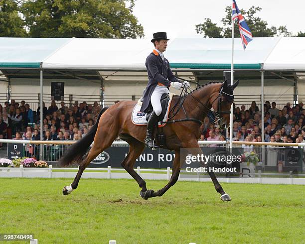 Christopher Burton of Australia and Nobilis 18 sitting in first after the first dressing at The Land Rover Burghley Horse Trials 2016 on September 3,...