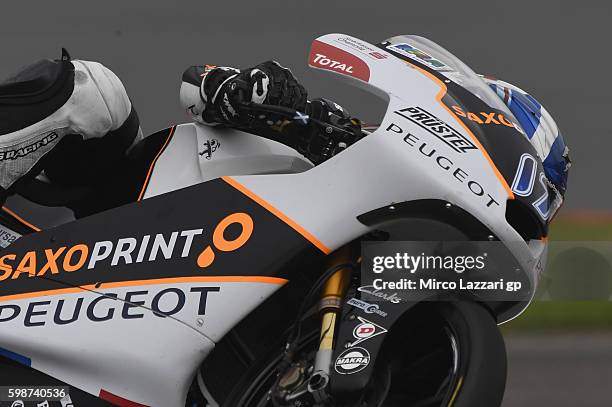 John McPhee of Great Britain and Peugeot Saxoprint MC leads the field during the MotoGp Of Great Britain - Free Practice at Silverstone Circuit on...