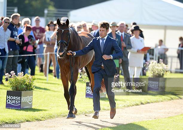 Christopher Burton of Australia and Nobilis 18 during a horse inspection at The Land Rover Burghley Horse Trials 2016 on September 3, 2015 in...