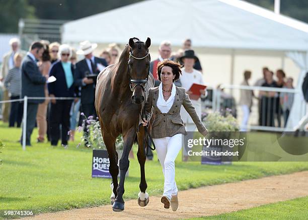 Bettina Hoy of Germany and Designer 10 during a horse inspection at The Land Rover Burghley Horse Trials 2016 on September 1, 2015 in Stamford,...