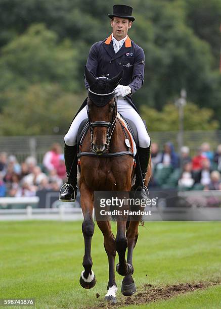 Christopher Burton of Australia and Nobilis 18 sitting in first after the first dressing at The Land Rover Burghley Horse Trials 2016 on September 3,...