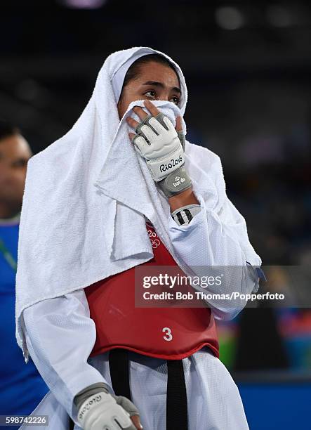 Kimia Alizadeh Zenoorin of Iran after the Women's Taekwondo 57kg quarter finals against Eva Calvo Gomez of Spain at the Carioca Arena on Day 13 of...