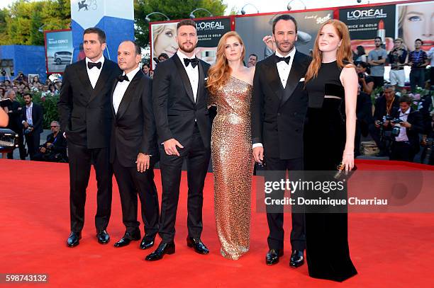 Jake Gyllenhaal, Robert Salerno, Aaron Taylor Johnson, Amy Adams, Tom Ford and Ellie Bamber attend the premiere of 'Nocturnal Animals' during the...