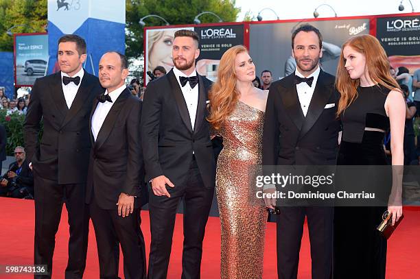 Jake Gyllenhaal, Robert Salerno, Aaron Taylor Johnson, Amy Adams, Tom Ford and Ellie Bamber attend the premiere of 'Nocturnal Animals' during the...