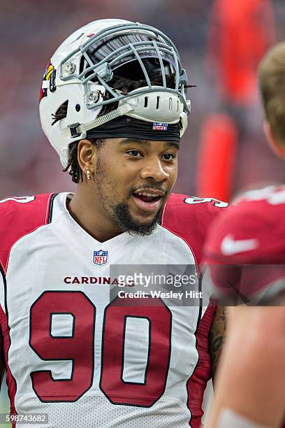 Robert Nkemdiche of the Arizona Cardinals on the sidelines during a preseason game against the Houston Texans at NRG Stadium on August 28, 2016 in...