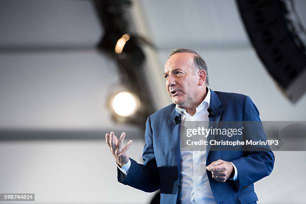 President of the French employers federation Medef, Pierre Gattaz, speaks at the opening of the Summer University of his organization on August 30,...