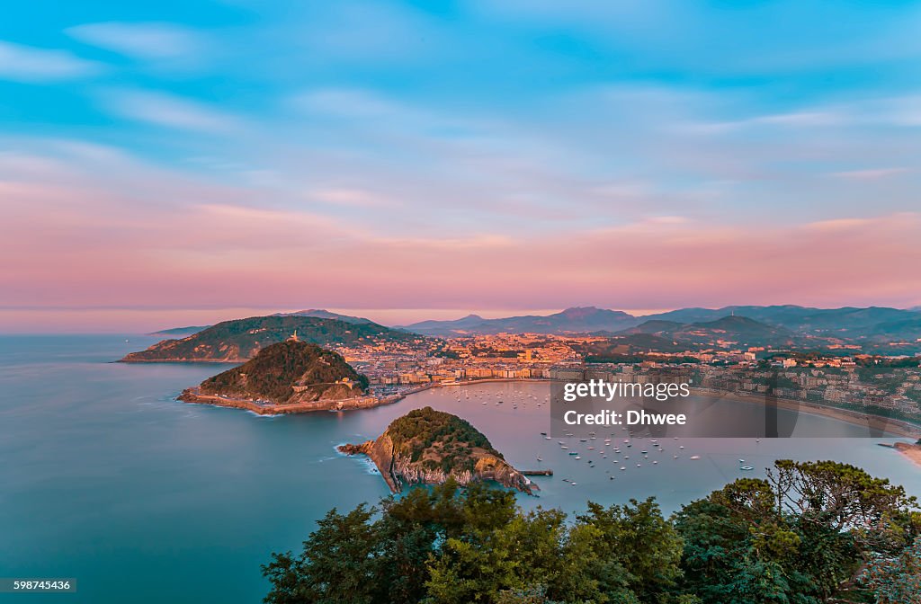 High Angle View Of San Sebastian (Donostia) City During Sunset. Spain.