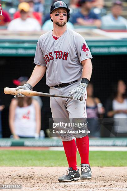 Catcher Bryan Holaday of the Boston Red Sox strikes out during the ninth inning against the Cleveland Indians at Progressive Field on August 15, 2016...