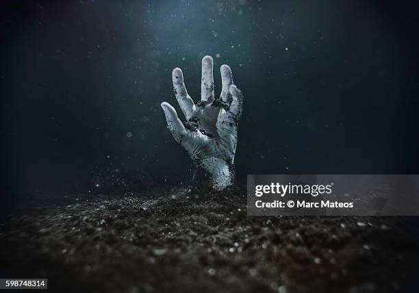 zombie hand emerging from the ground - very scary monsters stock-fotos und bilder