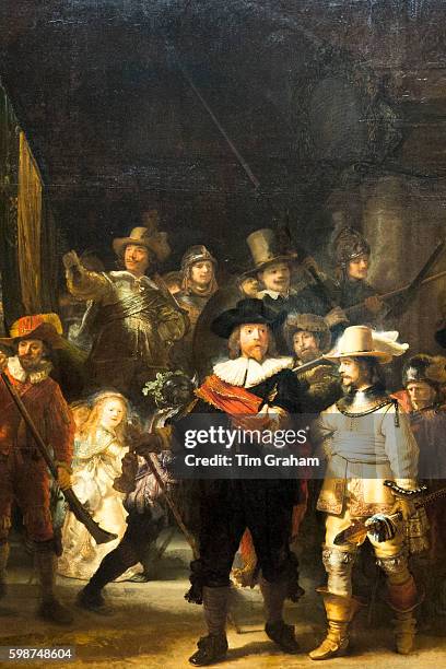 Detail of famous 17th Century painting by Rembrandt 'The Night Watch' at Rijksmuseum in Amsterdam, Holland.