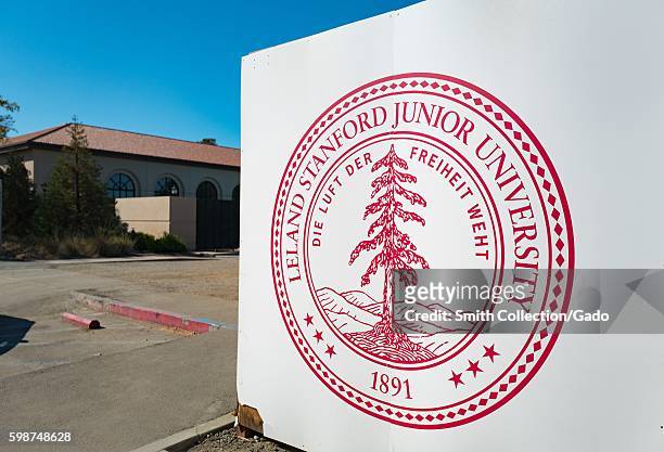 Logo printed on a fence blocking off a construction site on the campus of Stanford University in the Silicon Valley town of Palo Alto, California,...