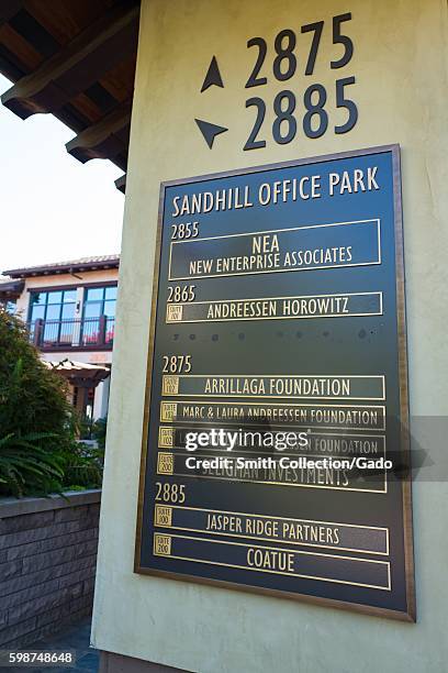 Signage for Sandhill Office Park, with listings for several prominent venture capital investment firms including New Enterprise Associates ,...