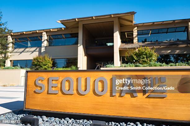 Signage with logo at headquarters of venture capital investment firm Sequoia Capital, on Sand Hill Road in the Silicon Valley town of Menlo Park,...