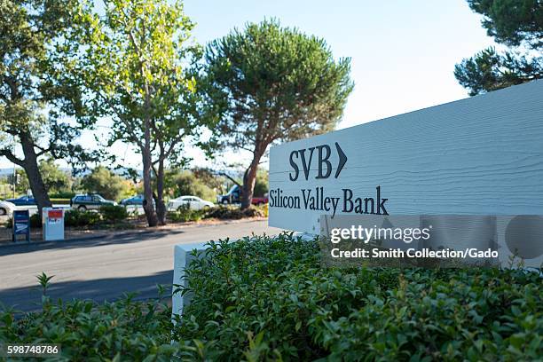 Signage for high-tech commercial bank Silicon Valley Bank, on Sand Hill Road in the Silicon Valley town of Menlo Park, California, August 25, 2016. .